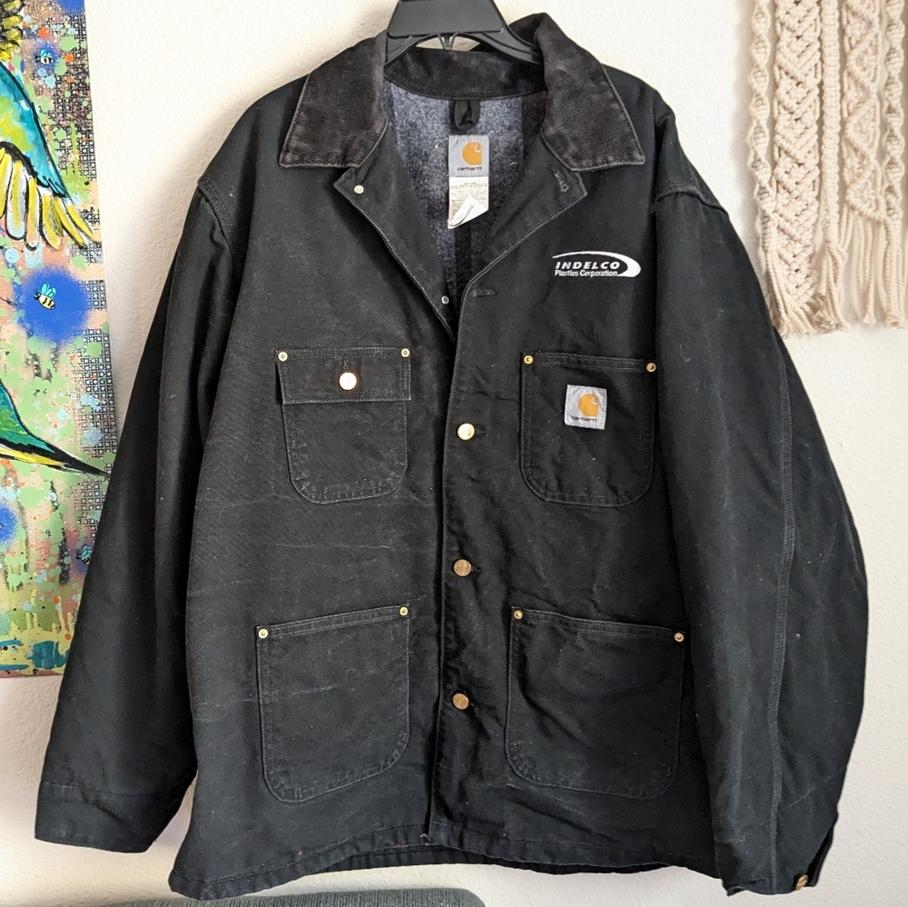 VTG Carhartt C01 BLK Duck Chore Barn Blanket Lined Black Canvas Jacket Sz 48